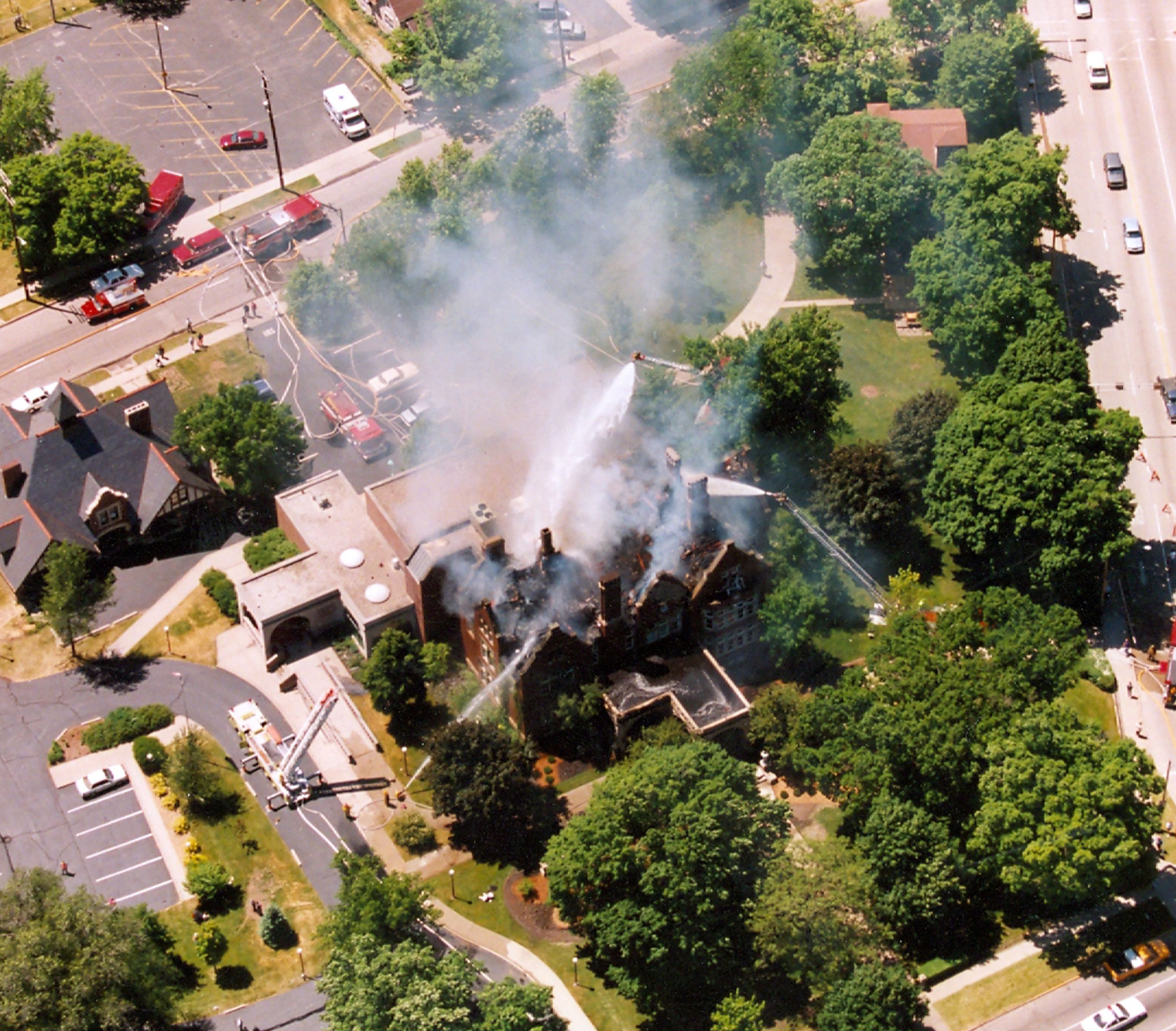 Aerial view of the Historic Sawyer Home fire of 1994