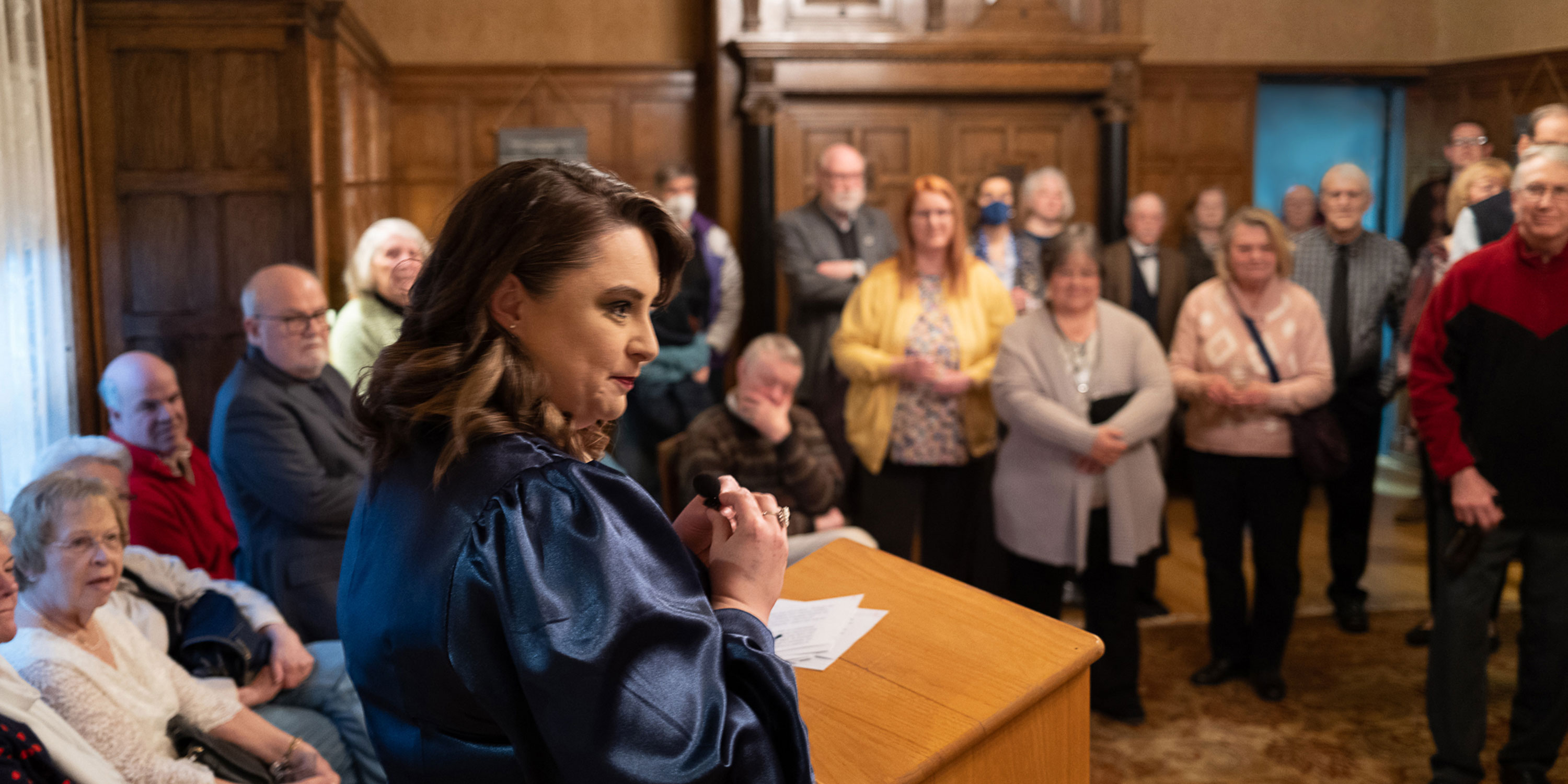 A gathering held in the Historic Sawyer Home library. Credit to Phil Weston